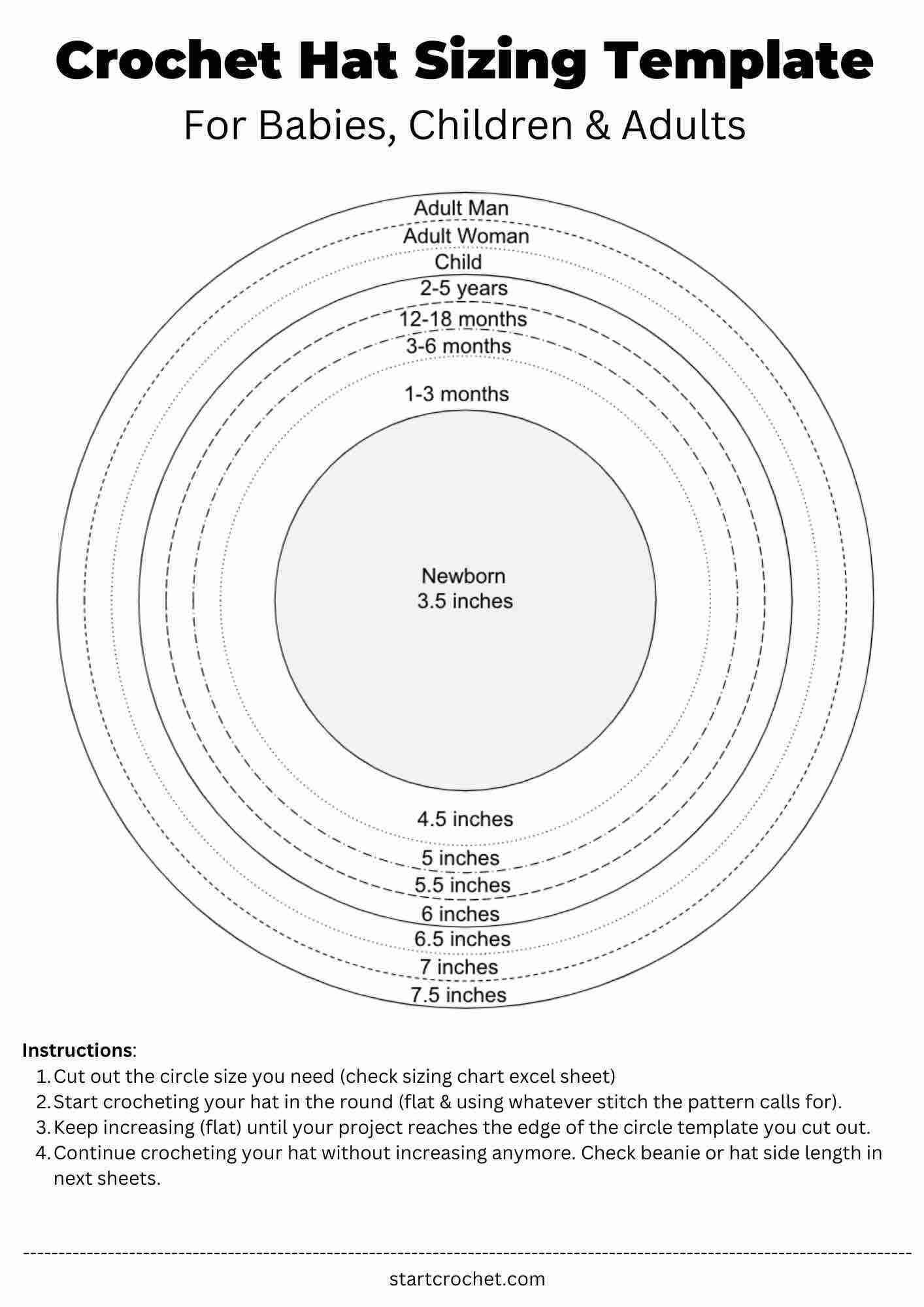 Crochet Beanie Hat Sizing Chart Template Printable PDF Start Crochet