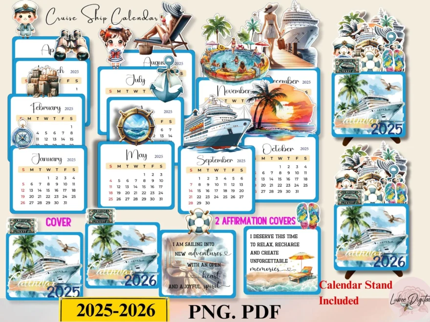 Cruise Ship Printable Calendar 2025 2026 Printable Mini Calendar 2026 Cut File Cruise Ship Aesthetic nautical Printable Maritime Desk Decor Etsy