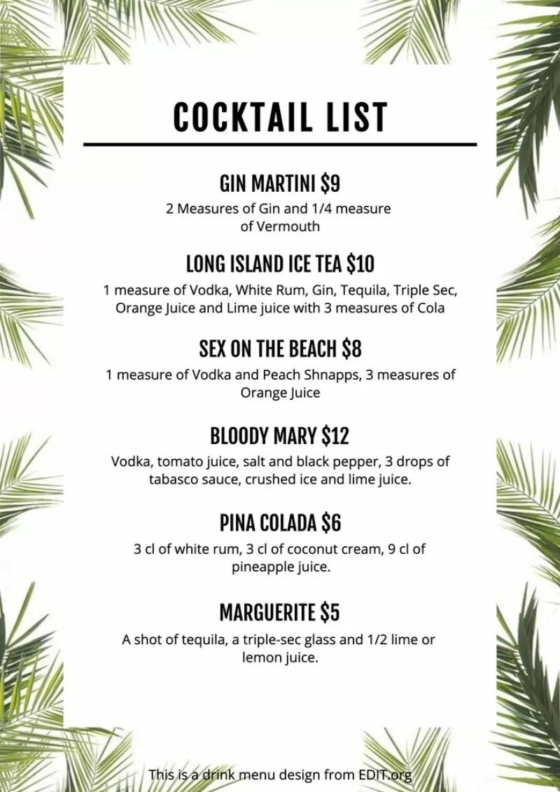 Customizable Drink Menu Templates Customizable Drink Menu Templates
