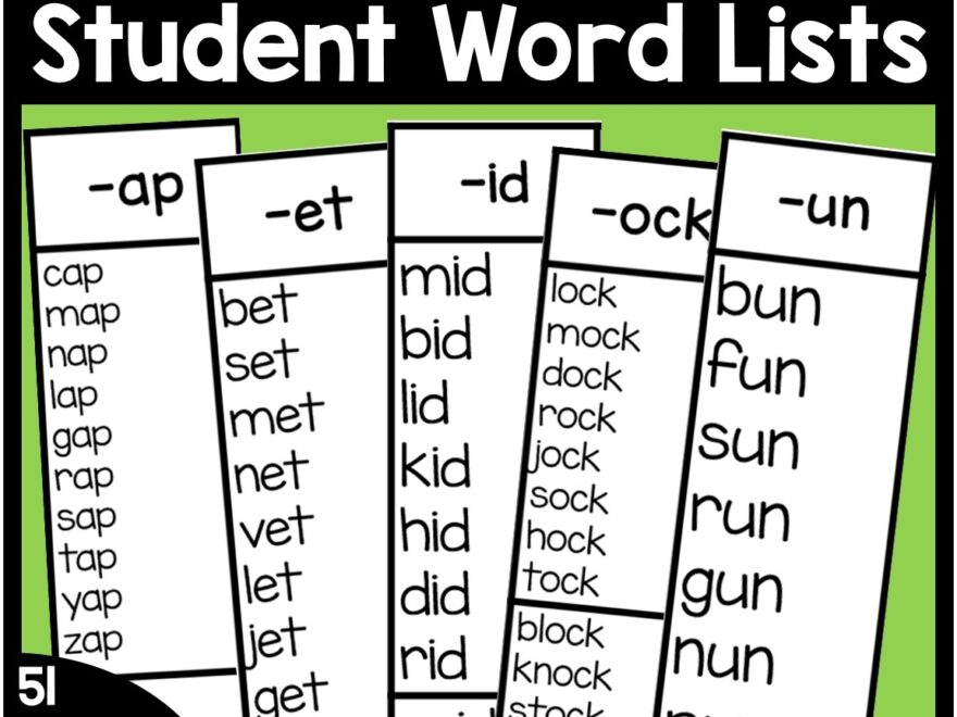 CVC Word Lists For Students Printable Short Vowel Word Families