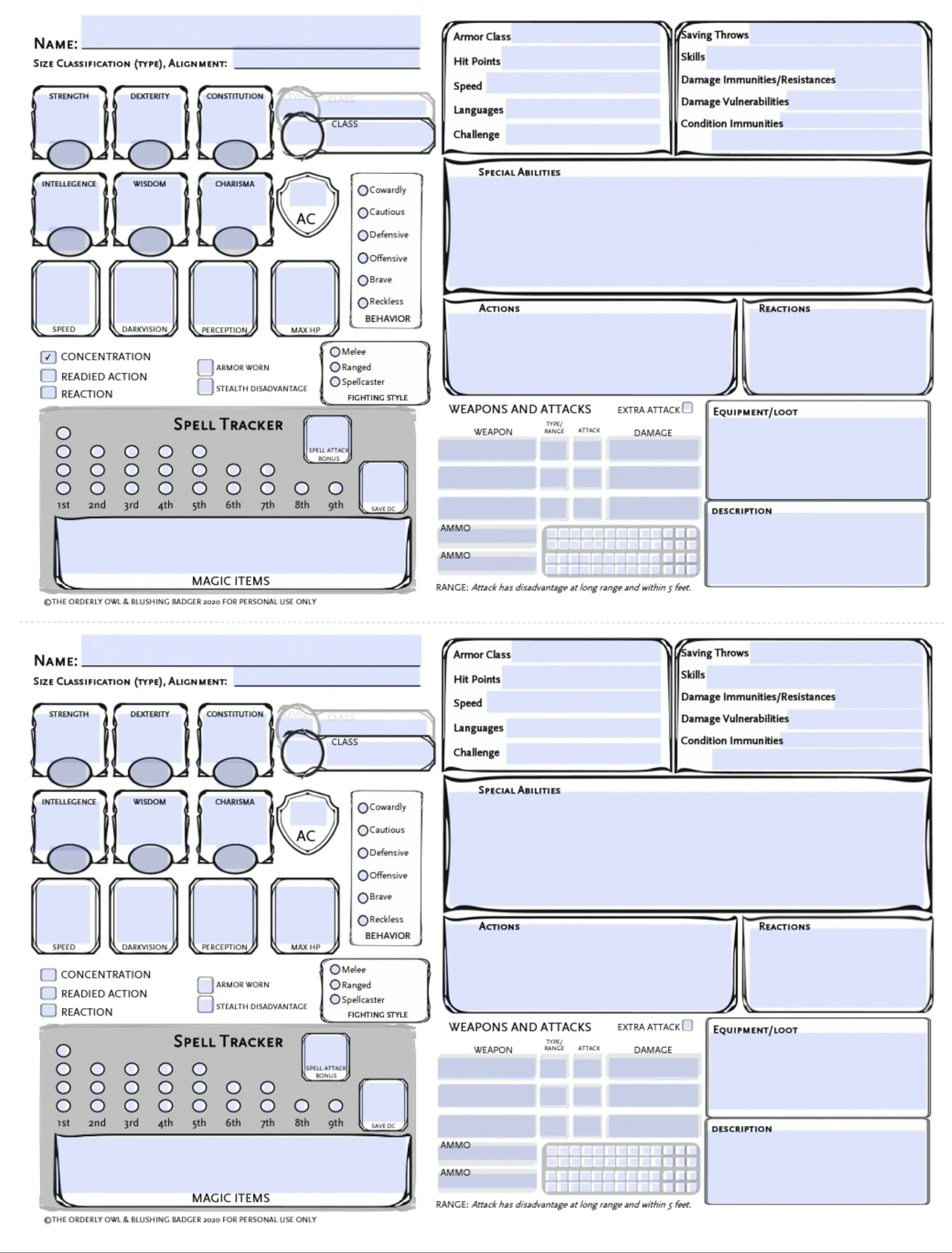 D D Monster NPC Stat Cards Printable Fillable PDF Dungeons And Dragons 5e Etsy