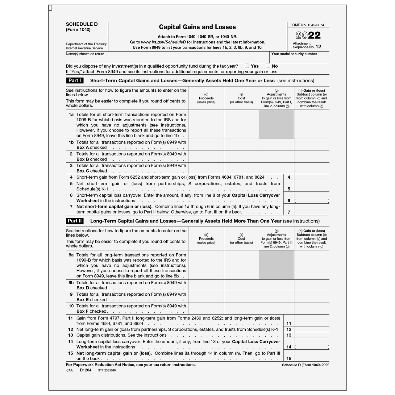 D1204 Form 1040 Schedule D Capital Gains And Losses Worksheets Library