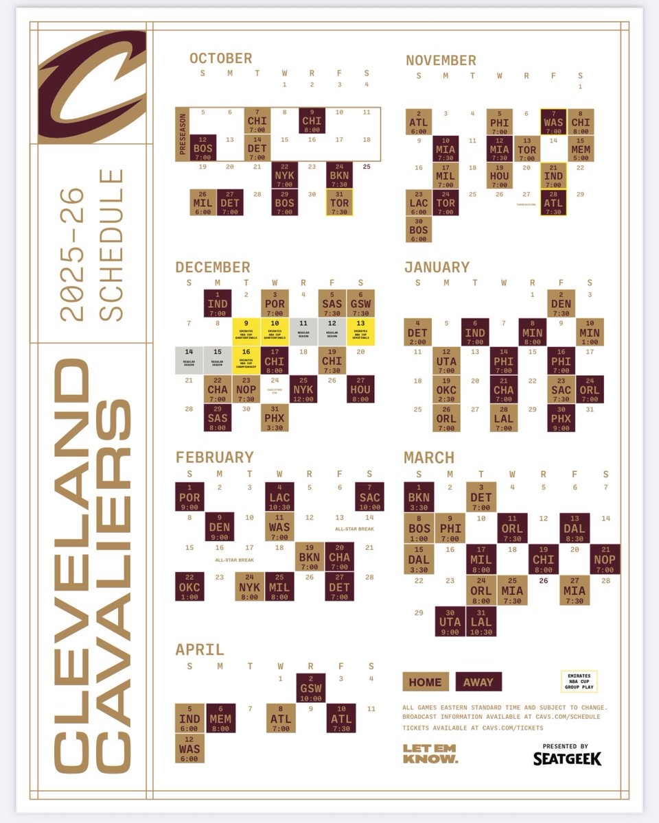 Cleveland Cavaliers Printable 2026 Schedule