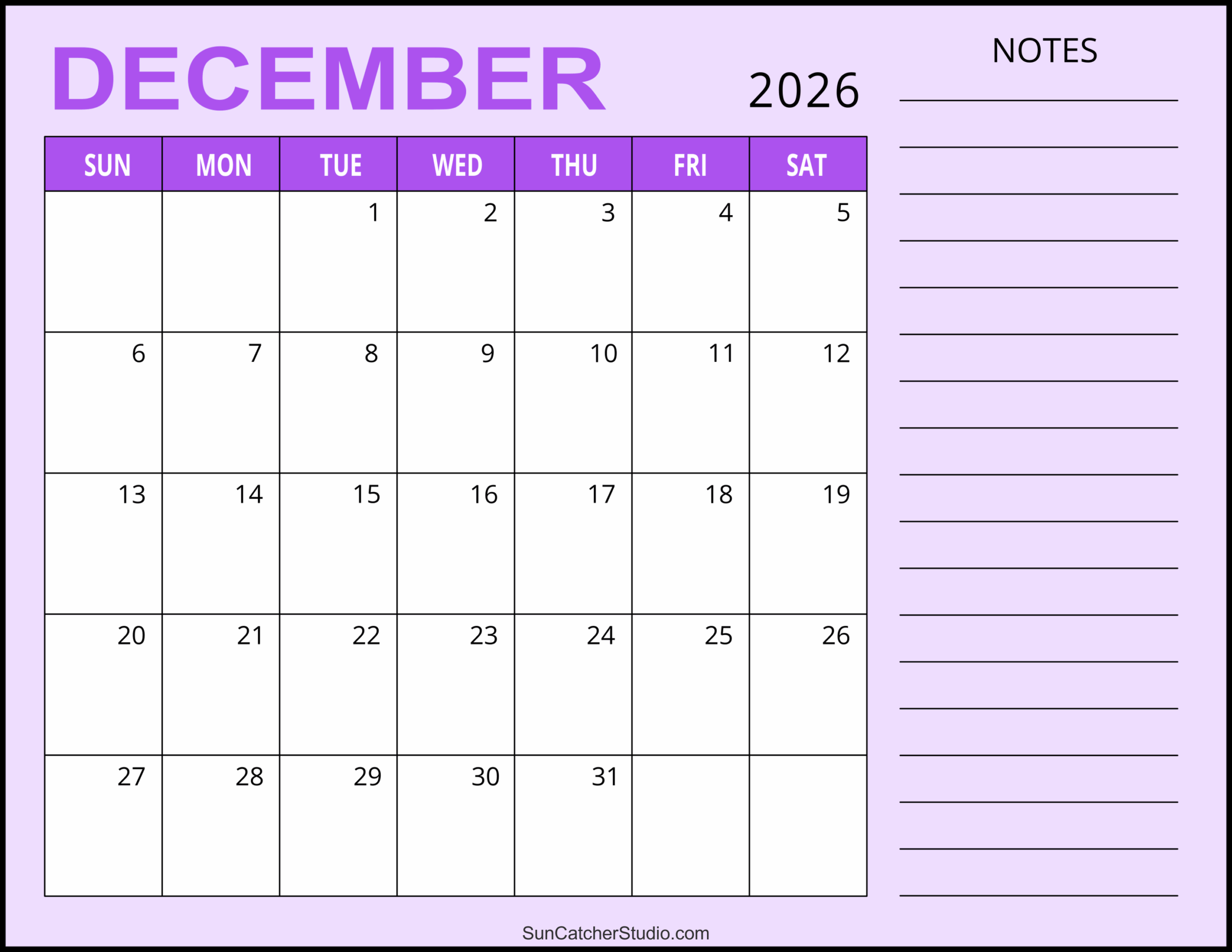 December 2026 Planner Calendar Printable