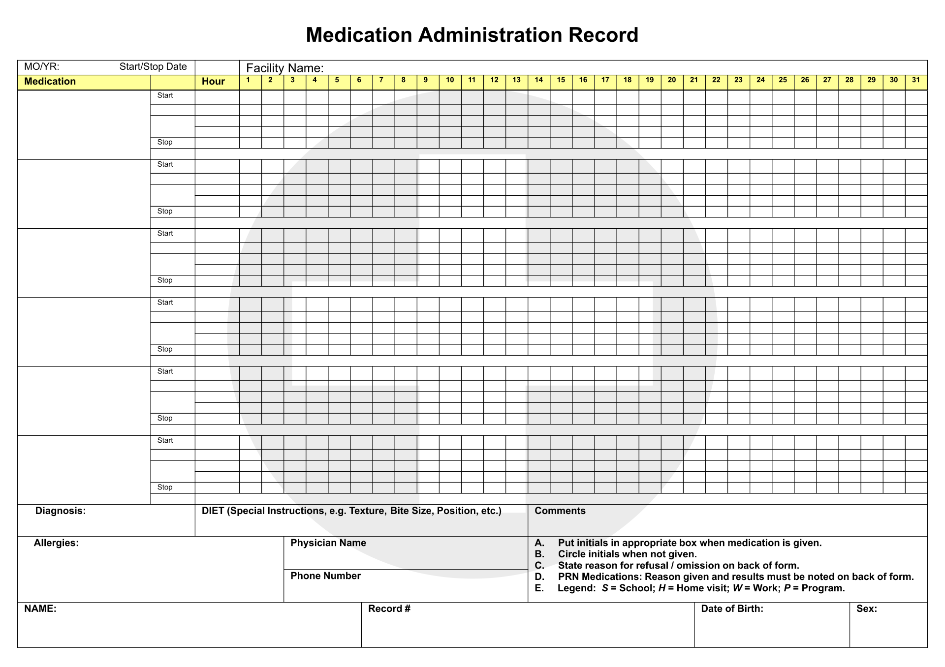 Mar Chart Template Printable