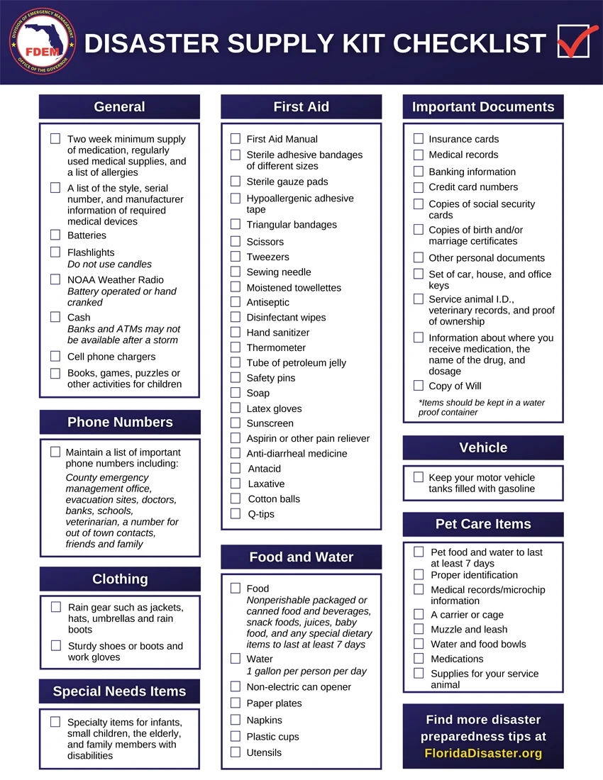 Disaster Supply Kit Checklist Florida Disaster Disaster Supply Kit Checklist Florida Disaster