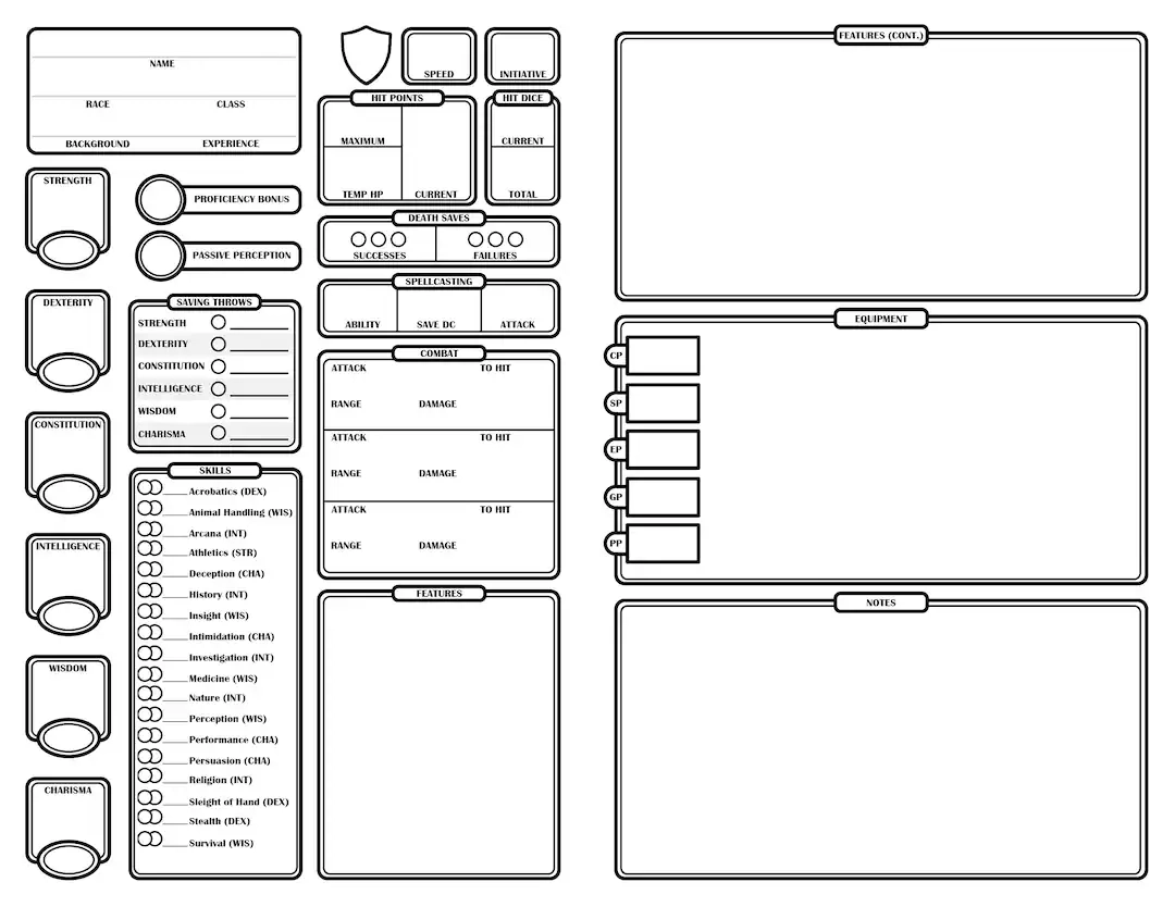 D&D 5th Edition Printable Character Sheet