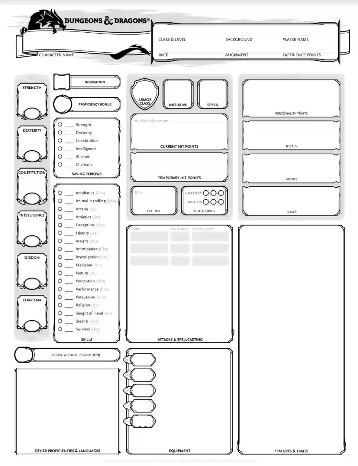D&D 5e Printable Character Sheet Two-Sided