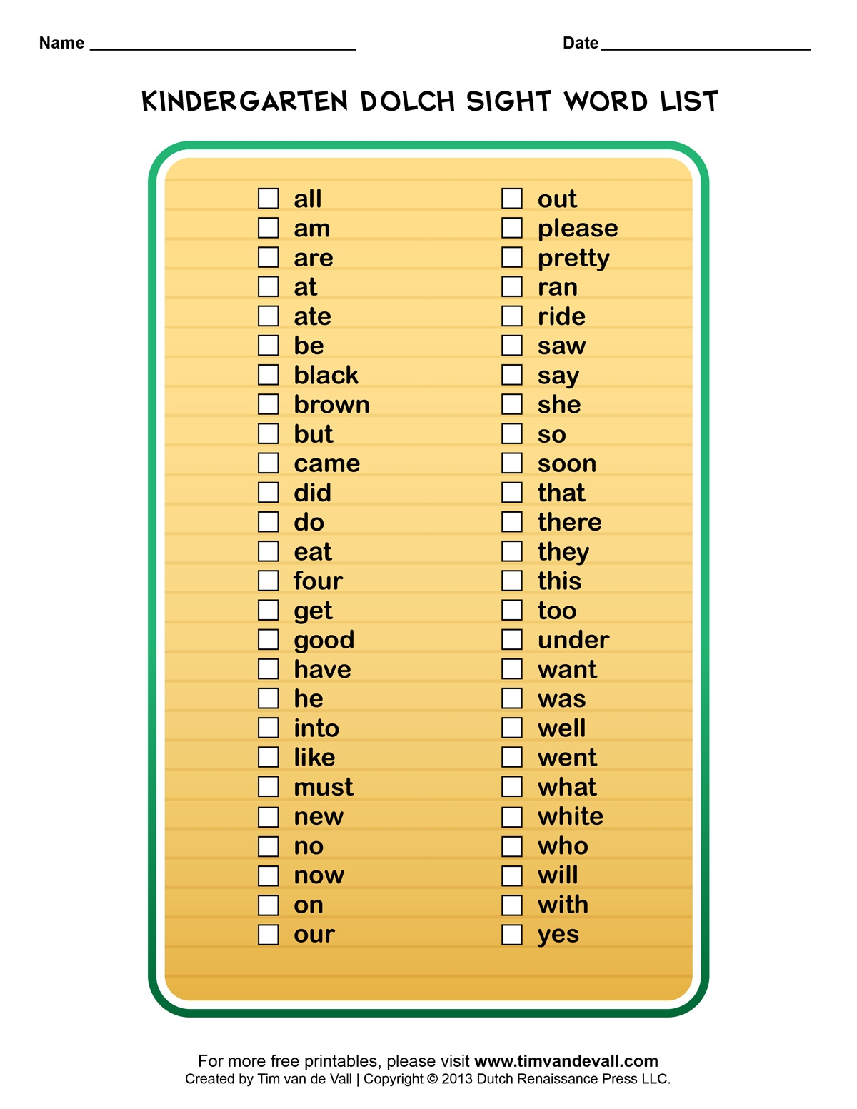 Printable List Of Dolch Words
