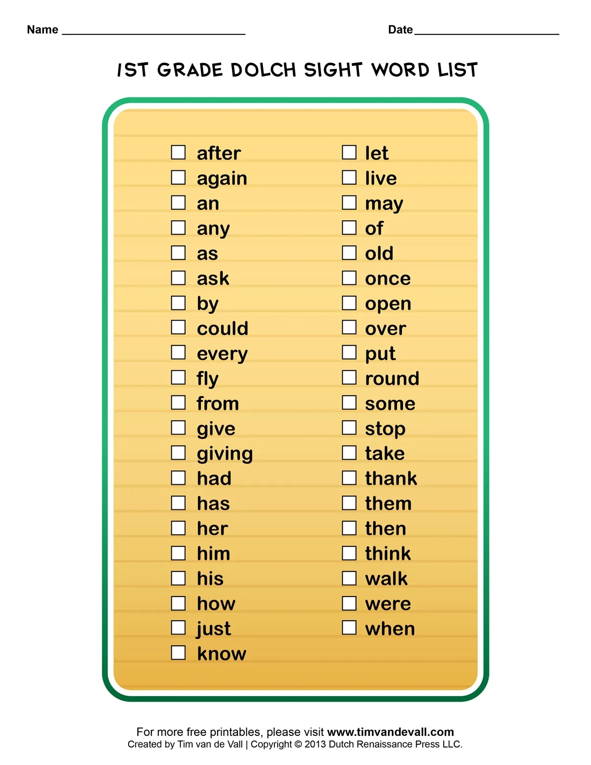 Dolch Sight Words Printable Printable Party Favors