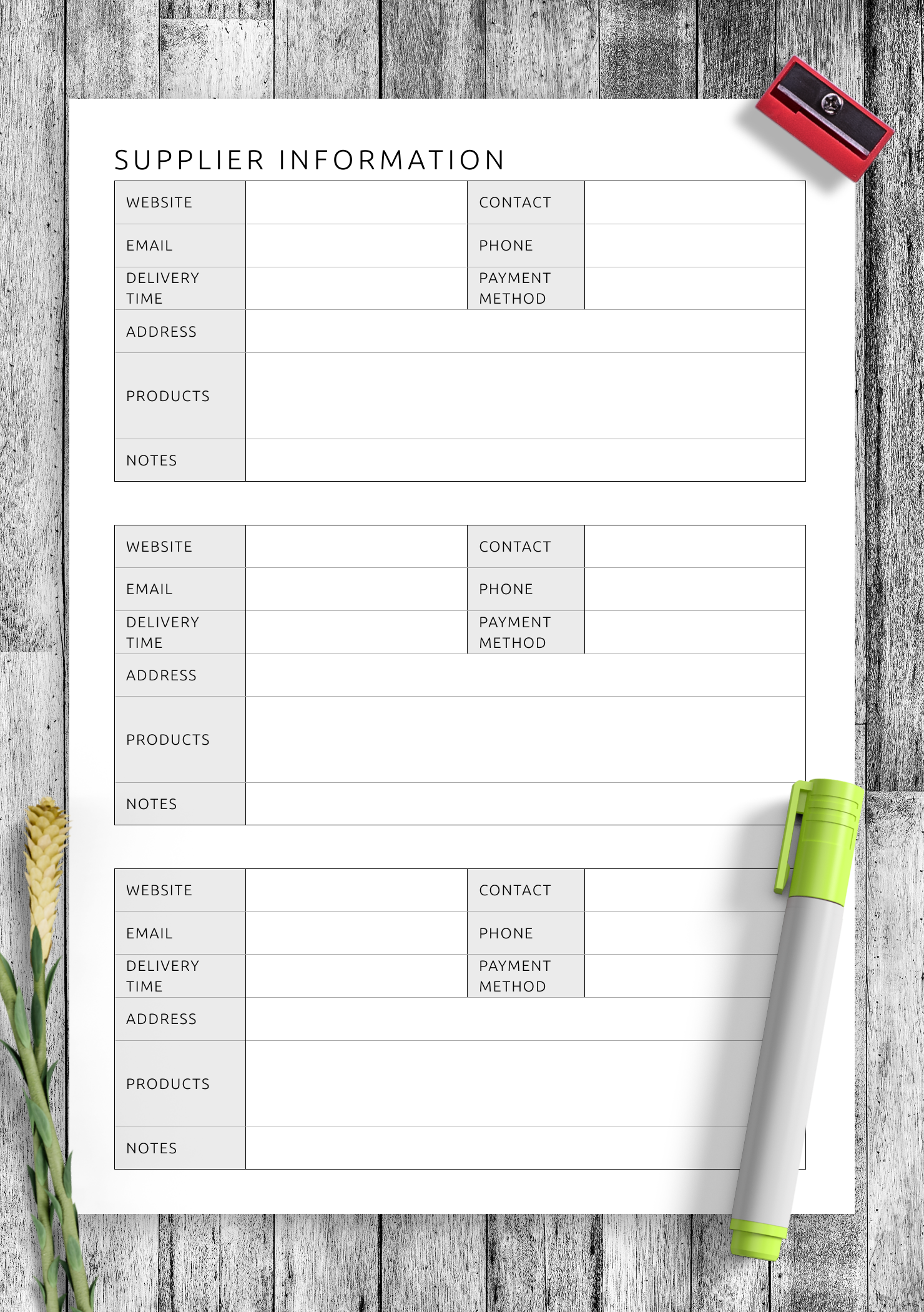 Download Printable Supplier Information Template PDF