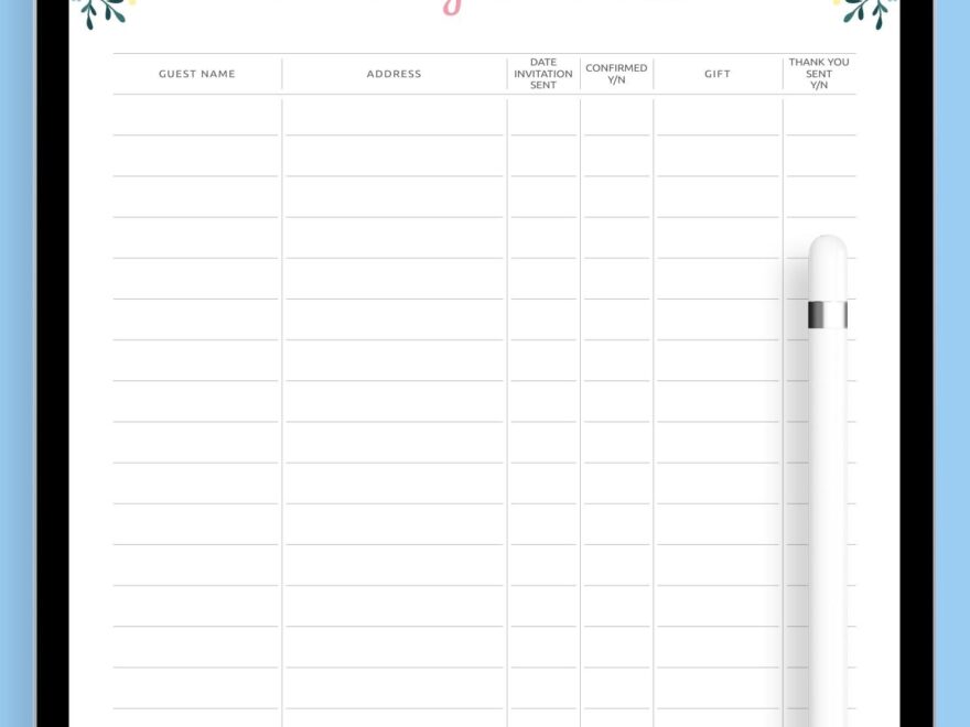 Download Printable Wedding Guest List Template With Floral Pattern PDF