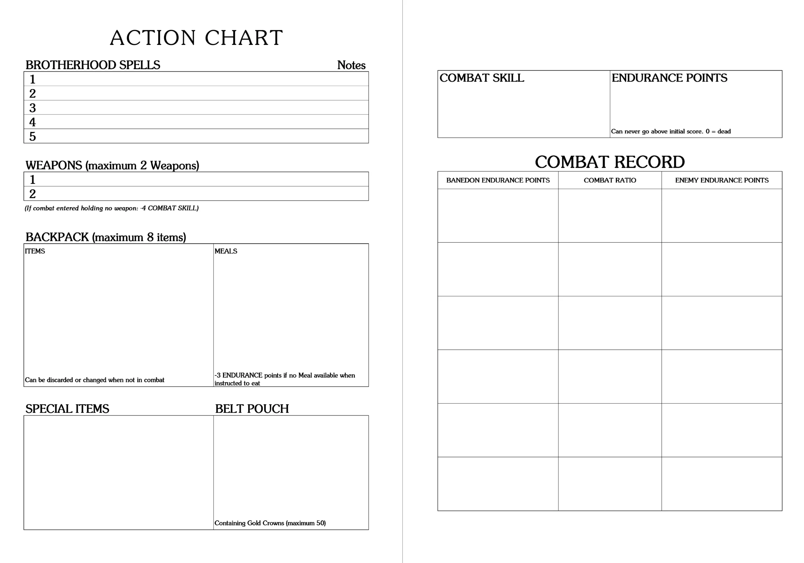 Lone Wolf Printable Action Chart