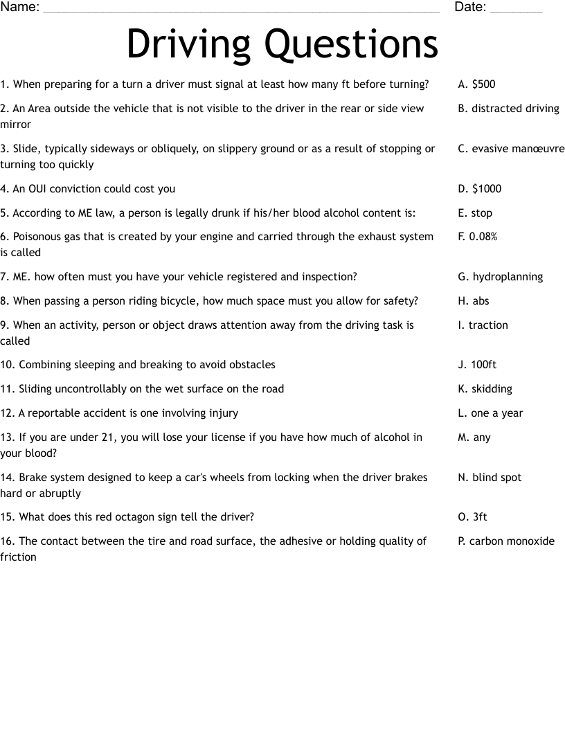 Driving Questions Worksheet WordMint Driving Questions Worksheet WordMint
