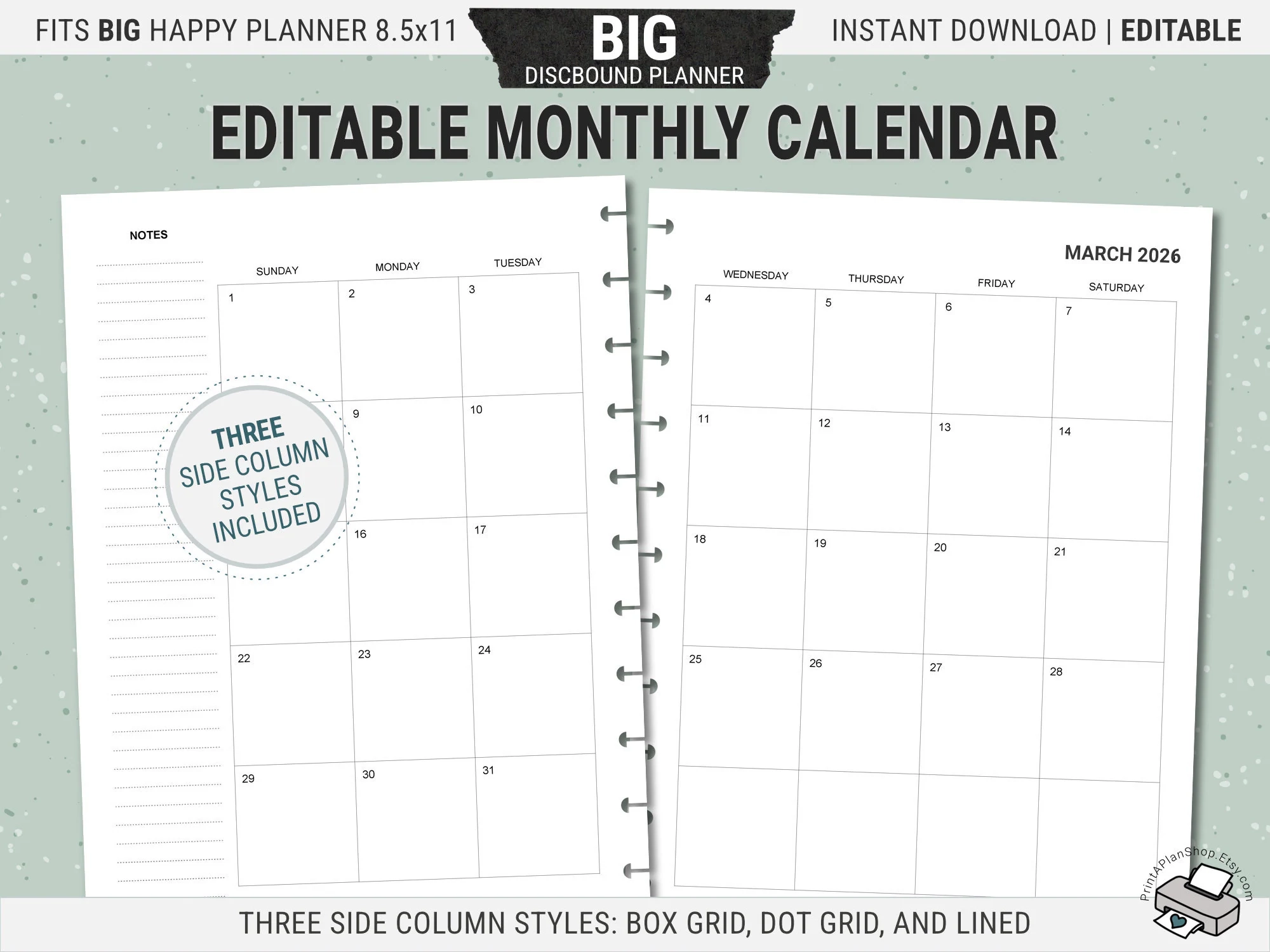 Editable BIG Happy Planner Calendar Inserts Printable Monthly Planner Pages Undated Digital Download PDF Etsy