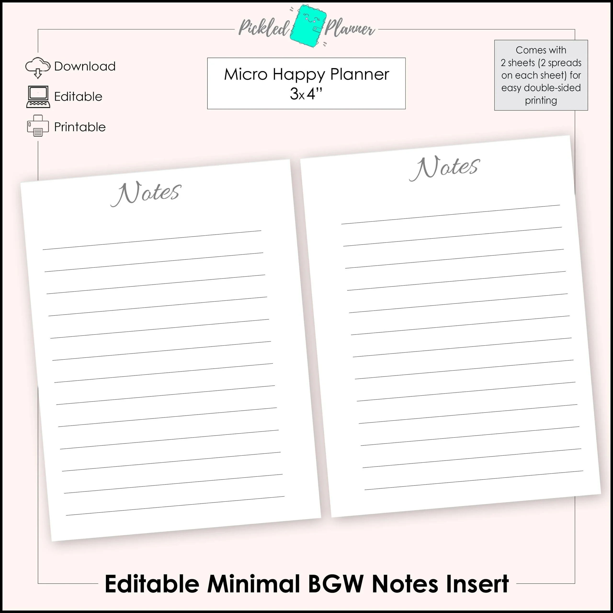 Editable Micro Minimal Black Gray White Notes Planner Printable 3x4 Micro Happy Planner Insert Edit Print Etsy
