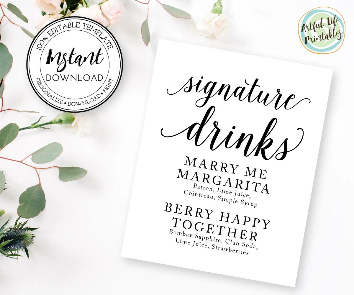 Editable Signature Drink Sign Wedding Cocktail Sign Template Wedding Artful Life Designs