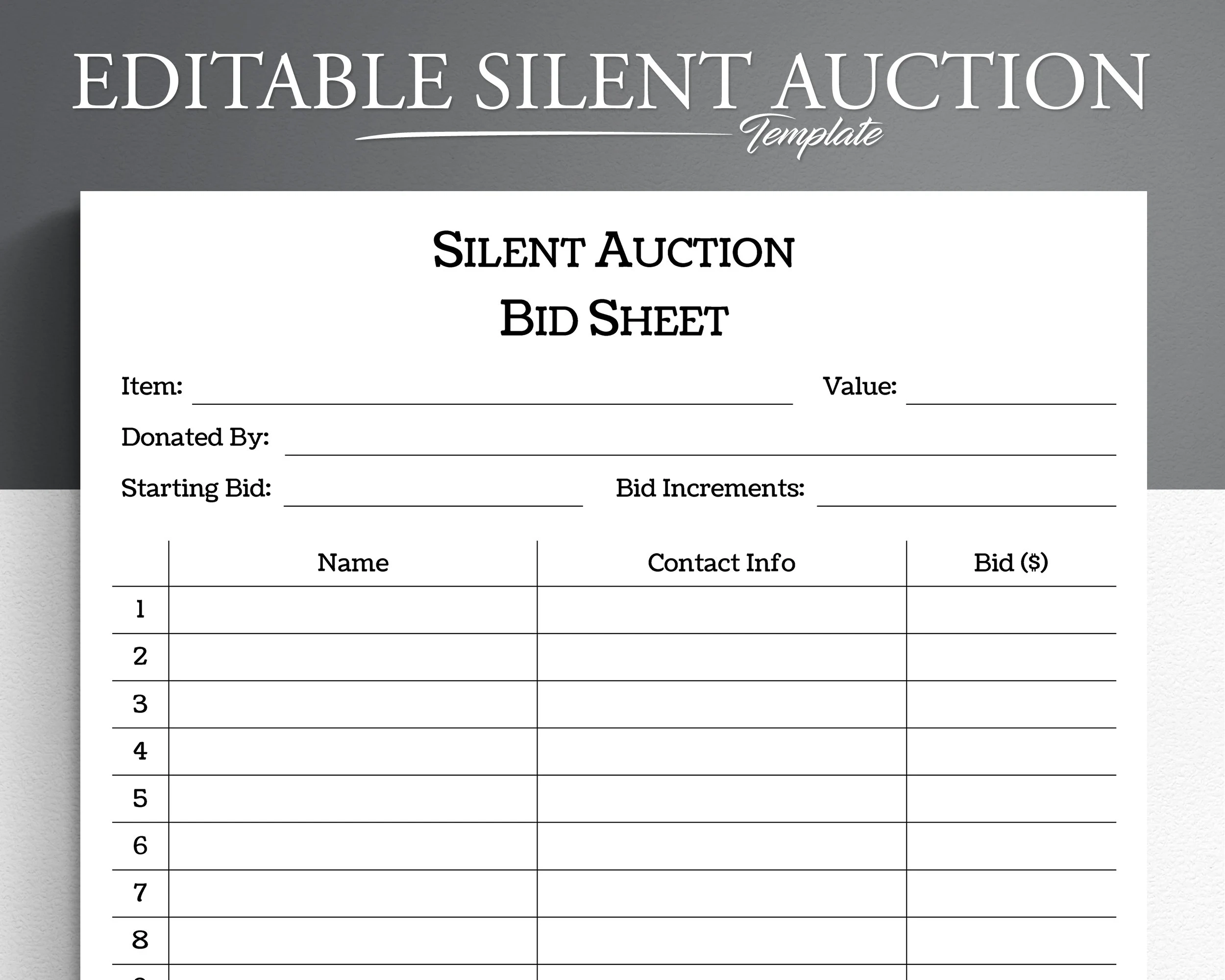 Bid Sheet For Silent Auction Printable