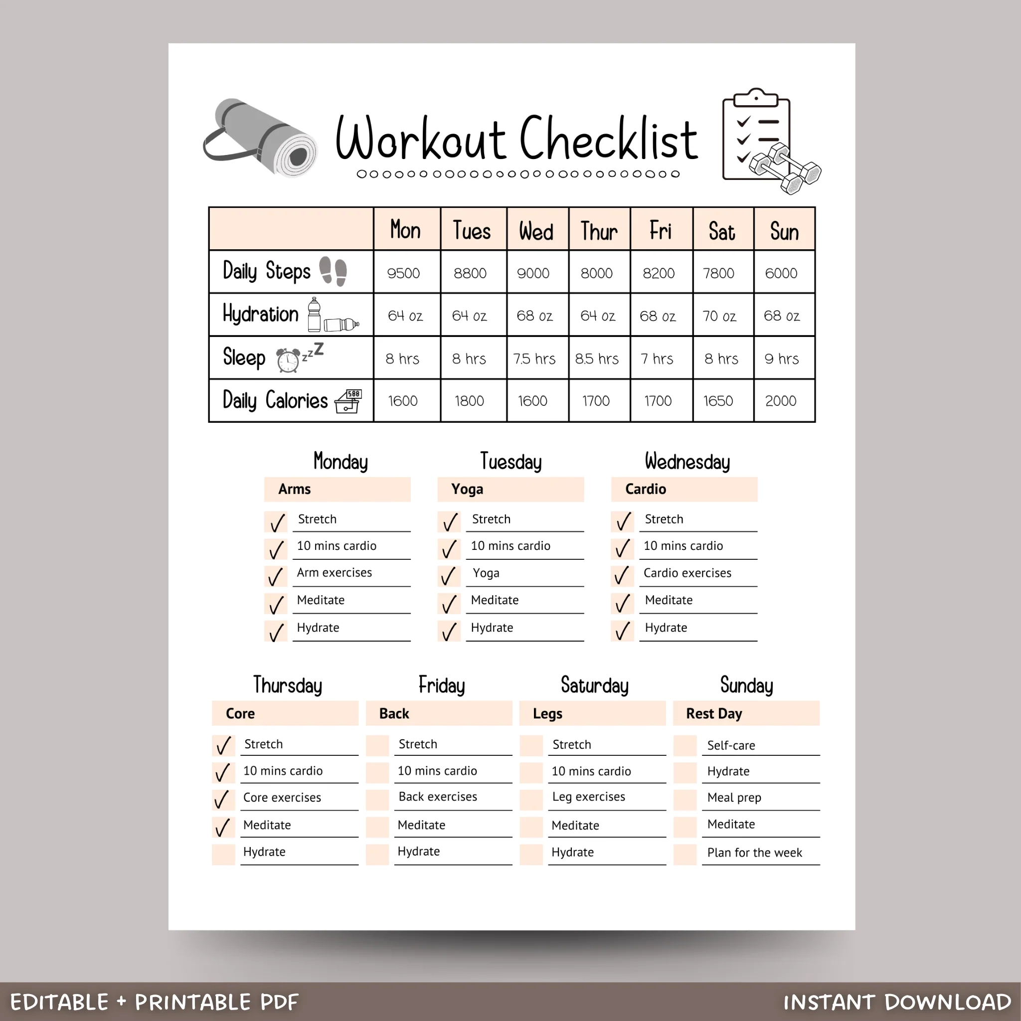 Editable Workout Checklist Printable Daily Exercise Gym Log Planner Scribbled LLC