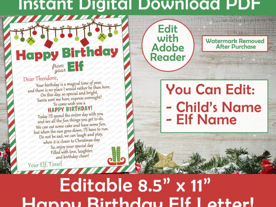 Elf Birthday Letter Happy Birthday From Your Elf Letter Printable Personalized Editable Elf Birthday Letter Print at home PDF Etsy