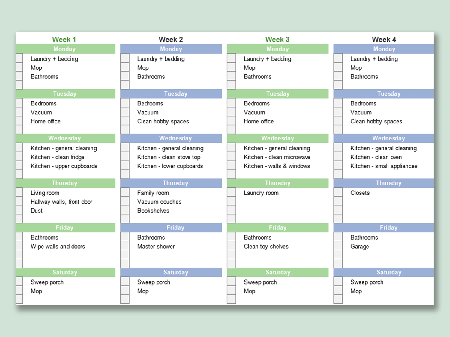 Free Printable Excel Cleaning Schedule Template