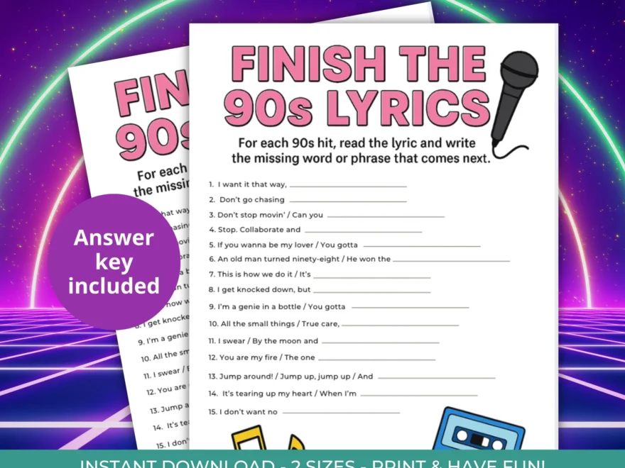 Finish The 90s Lyrics Game Printable 90s Party Music Quiz Retro Song Trivia For Birthday Or Reunion office Party Fun game Night For Adults Etsy