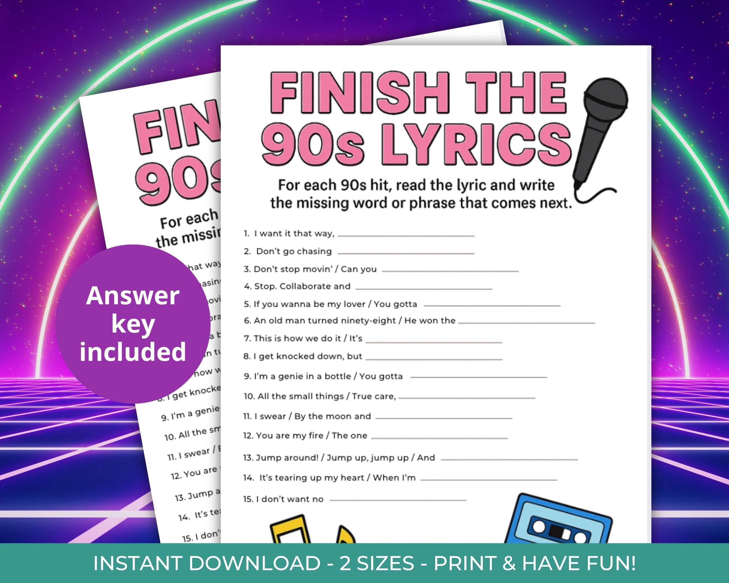 Finish The 90s Lyrics Game Printable 90s Party Music Quiz Retro Song Trivia For Birthday Or Reunion office Party Fun game Night For Adults Etsy
