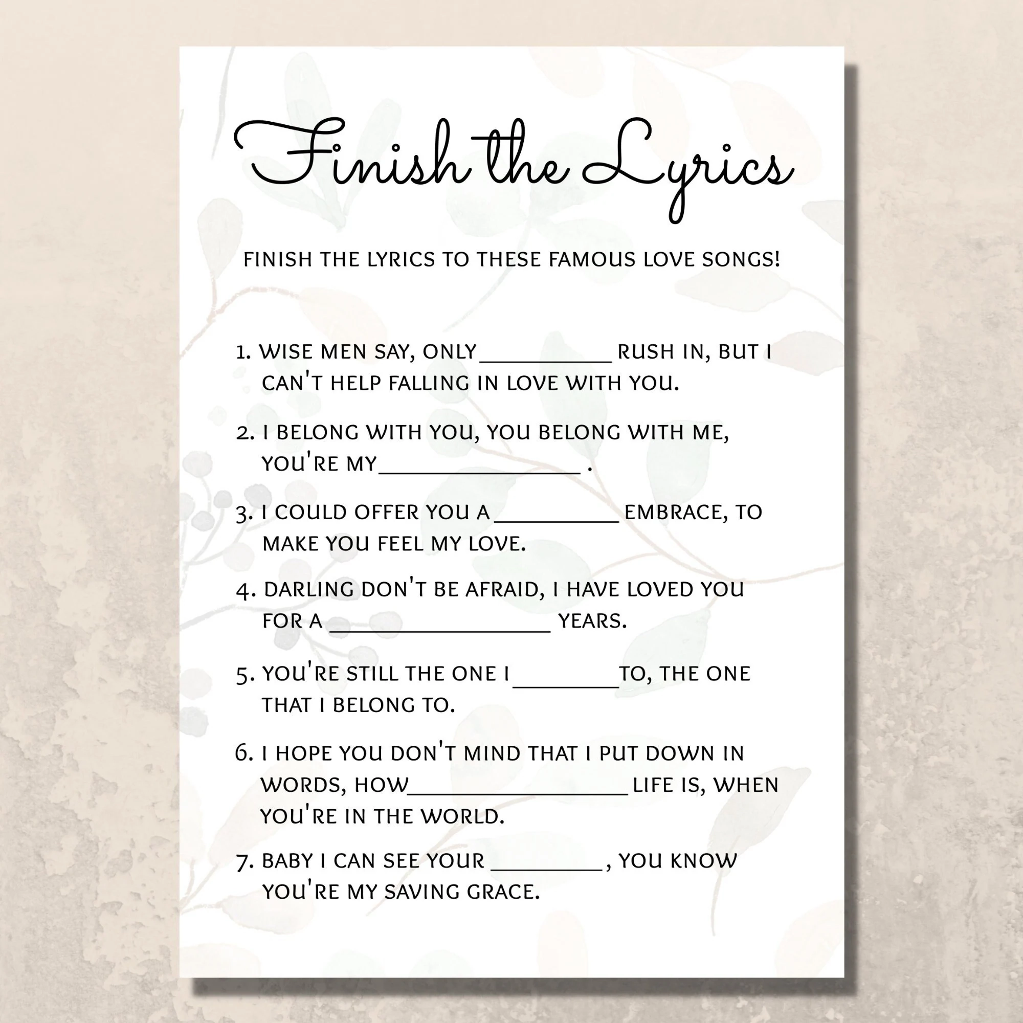 Finish The Lyrics Bridal Shower Game Green outdoors Theme Etsy