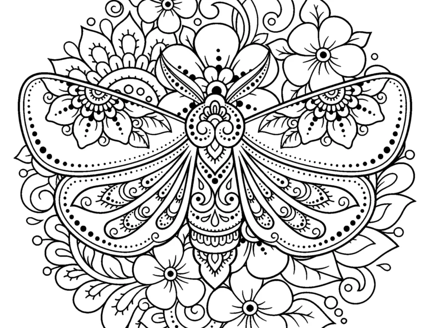 Flower Mandala With Moth Mandalas Coloring Pages For Adults
