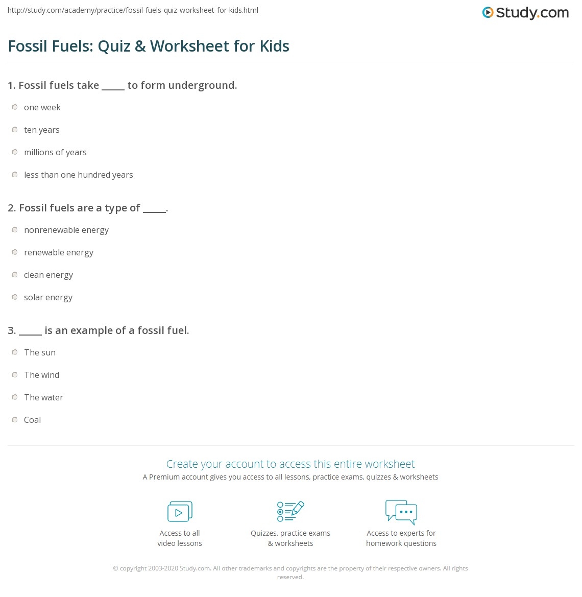 Fossil Fuels Quiz Worksheet For Kids Study