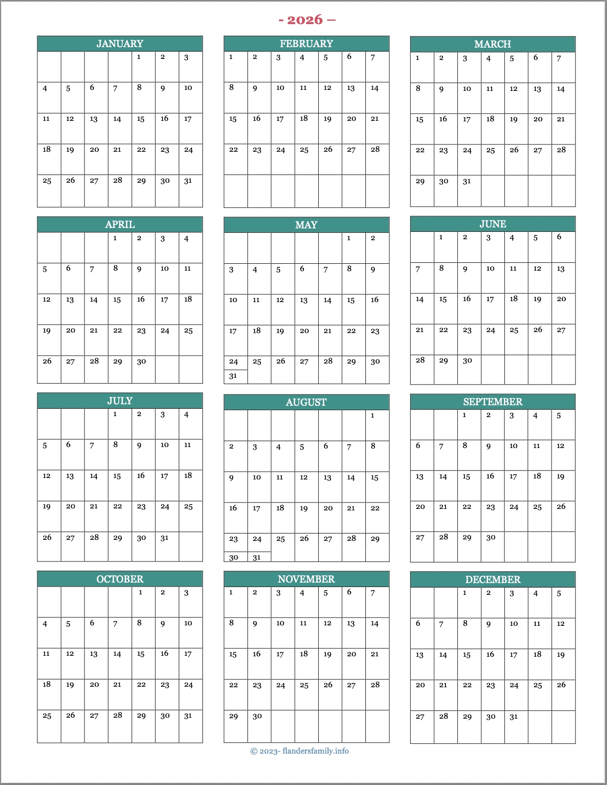 Printable 2026 Year Planner