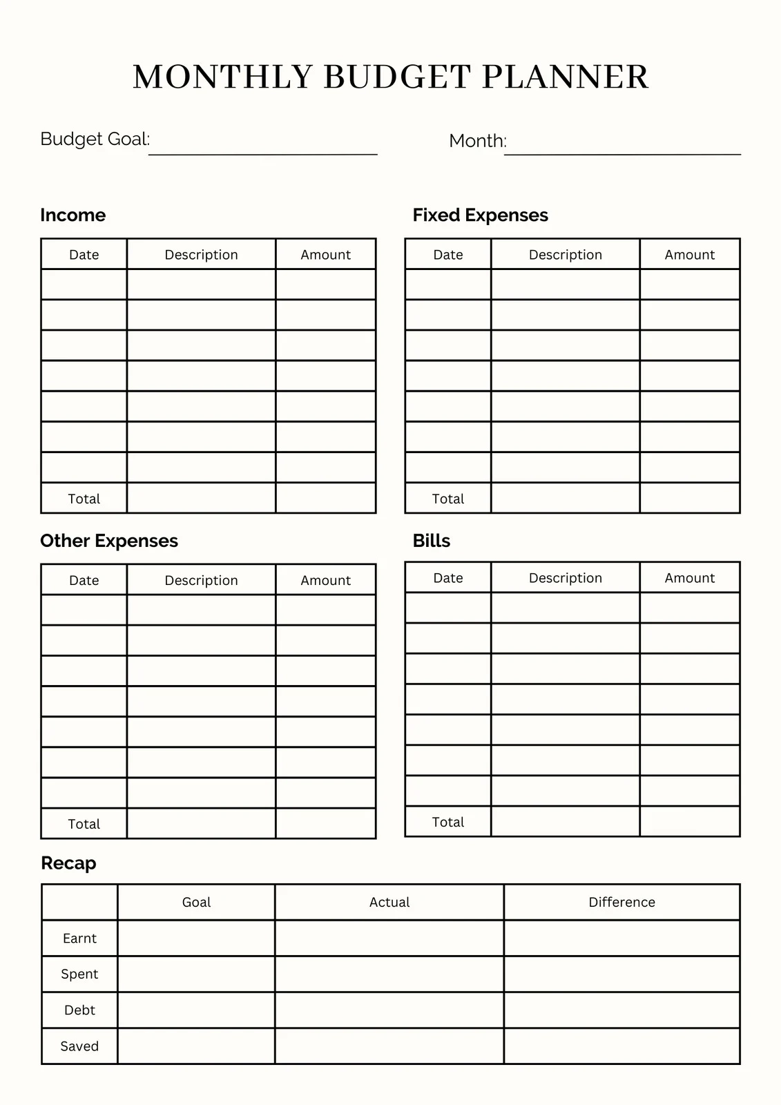 Monthly Business Budget Planner Printable