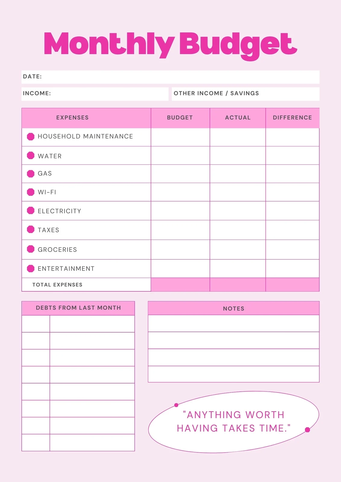 Printable Budget List Worksheet