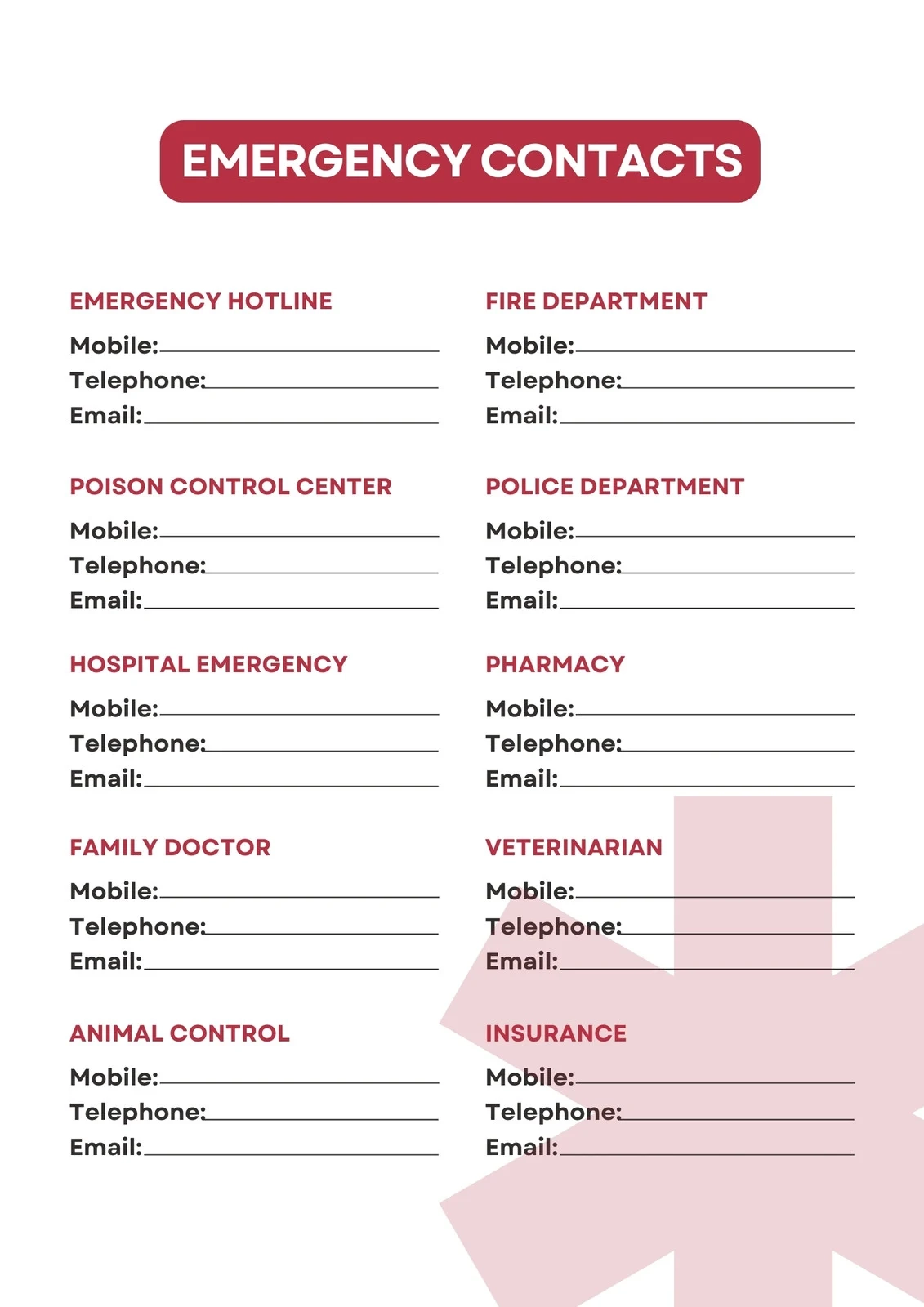 Printable List For Emergency Printable List For Emergency