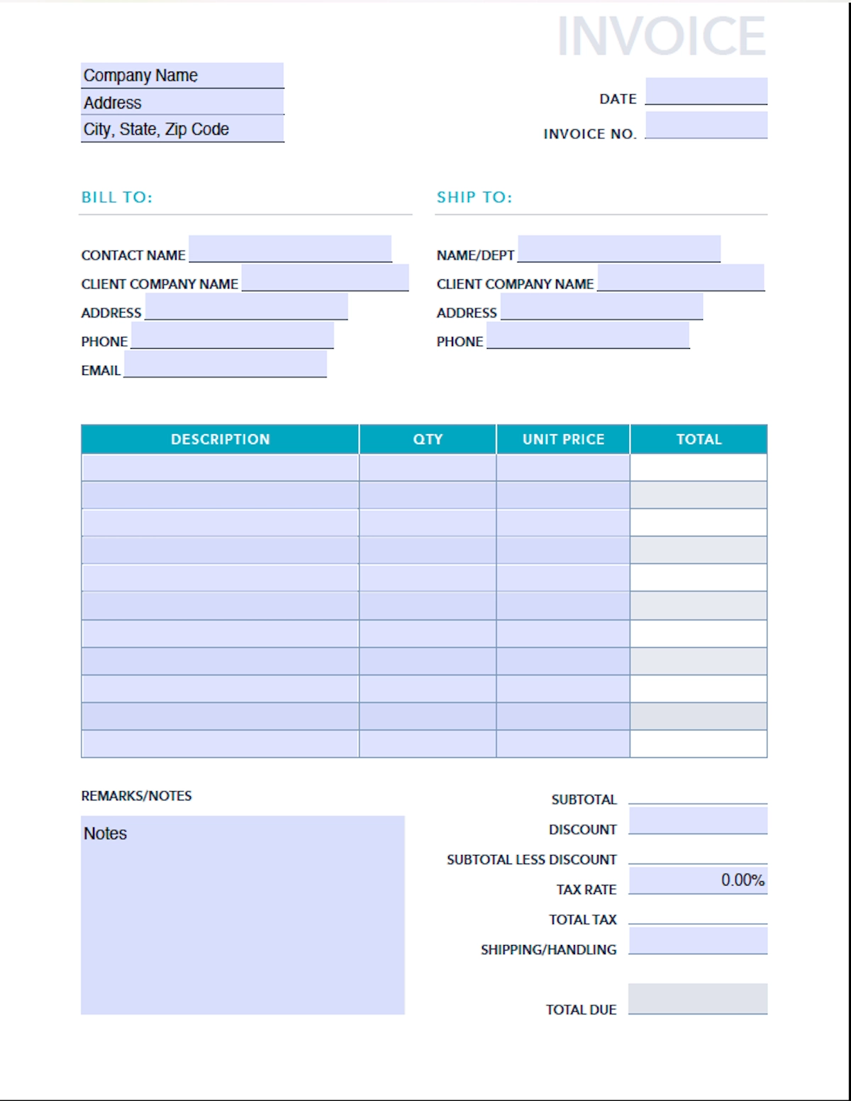 Blank Invoice Printable Sheets