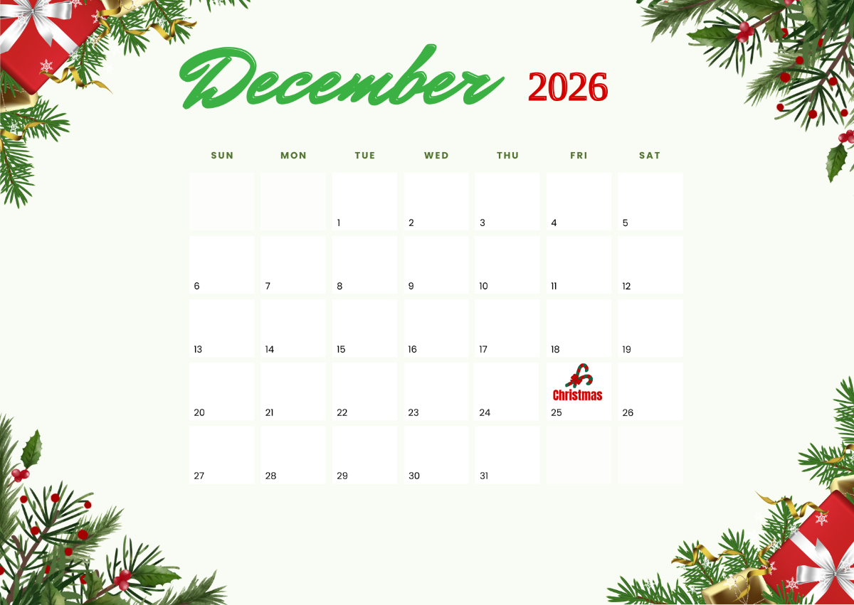 Free Christmas December 2026 Calendar Template To Edit Online