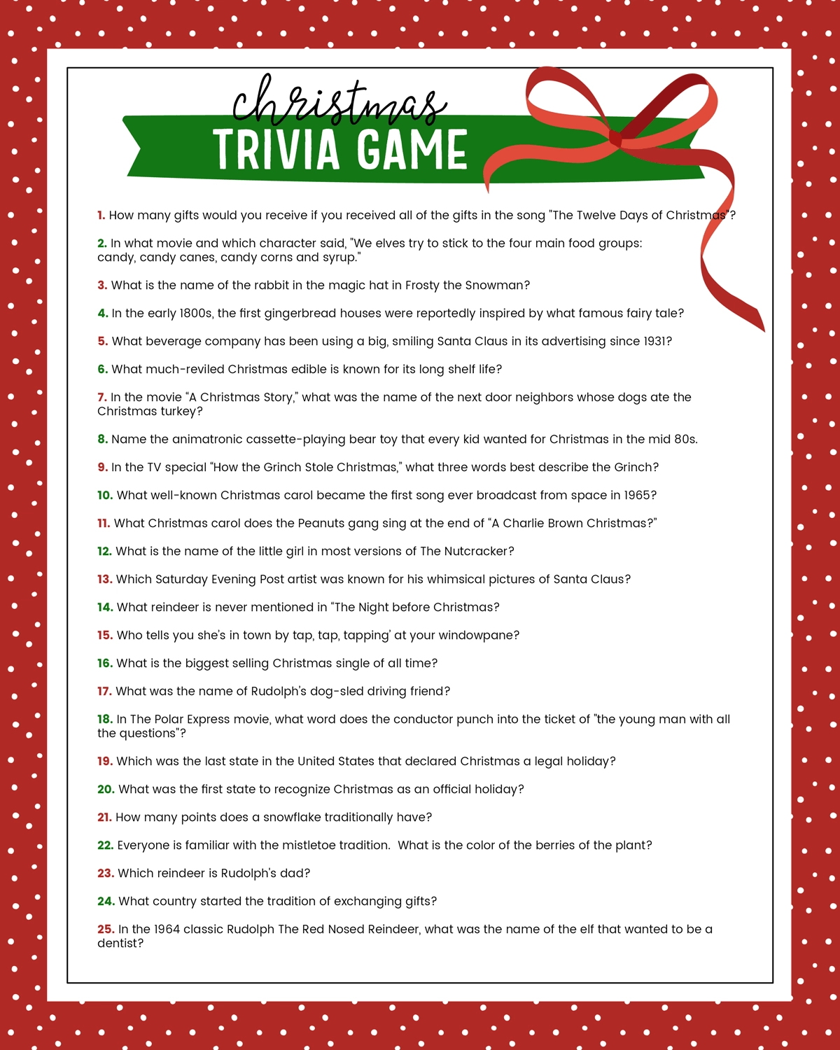 Christmas Trivia Quiz Printable