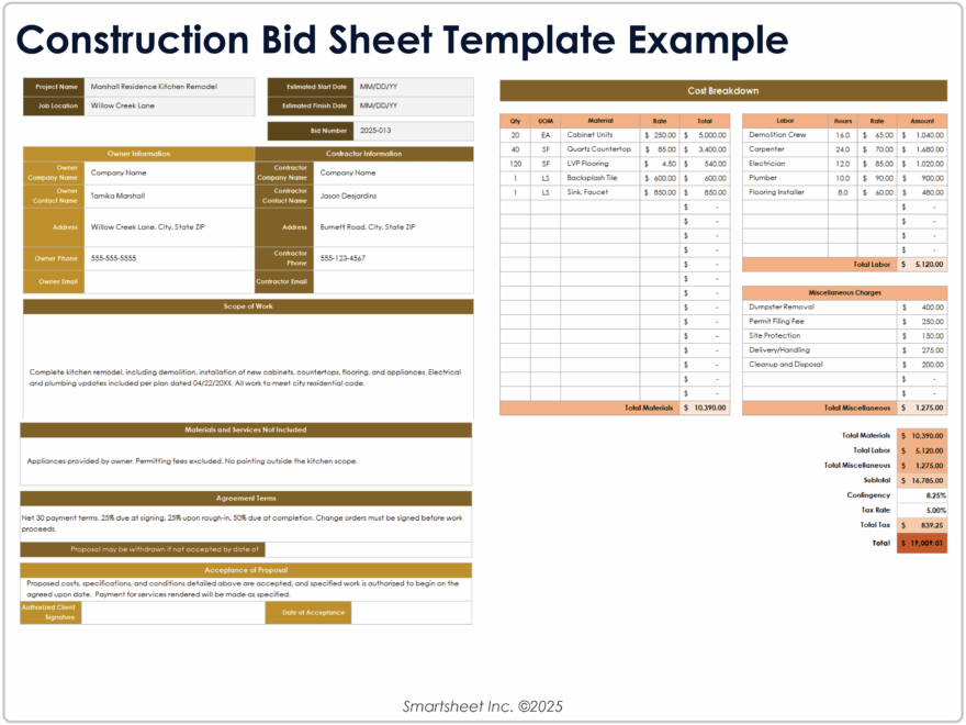 Free Construction Bid Templates And Forms
