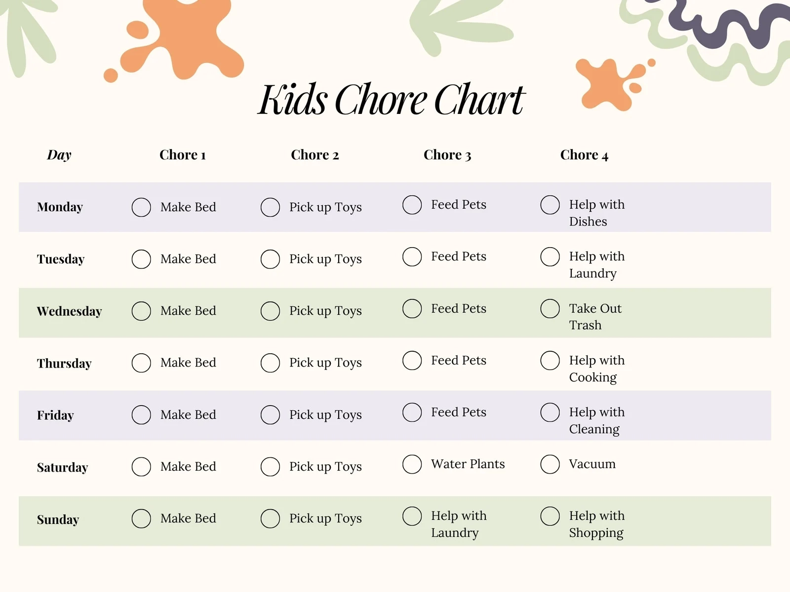 Girls Printable Weekly Chore List Cute