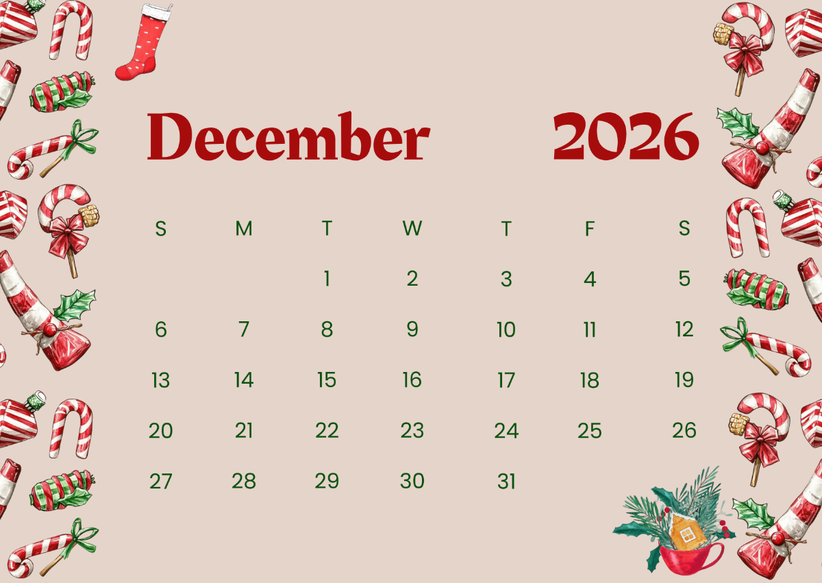 Free December 2026 Calendar With Christmas Decor Template To Edit Online