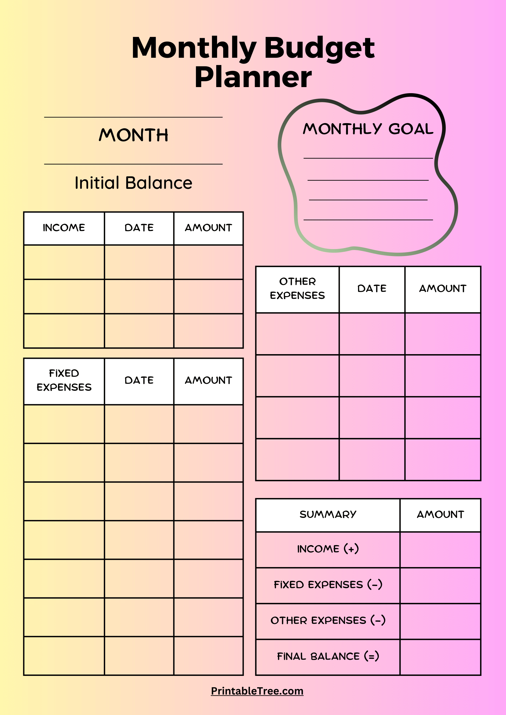 Printable Monthly Budget Planner