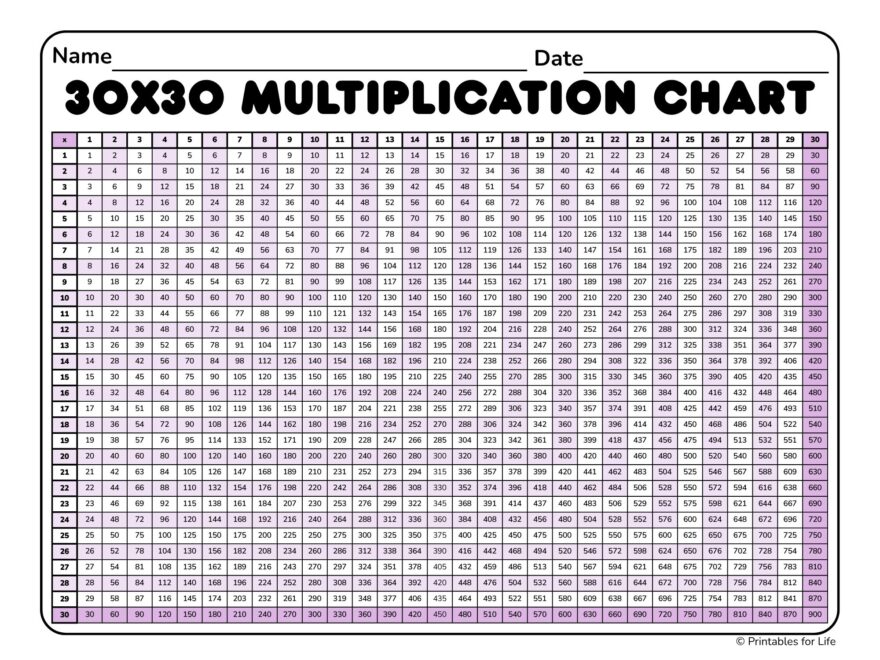 Free Multiplication Chart 30x30 Printable PDF