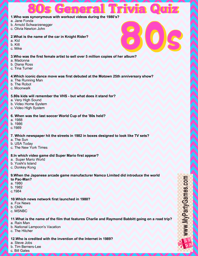 Free Printable 80s General Trivia Quiz With Answer Key