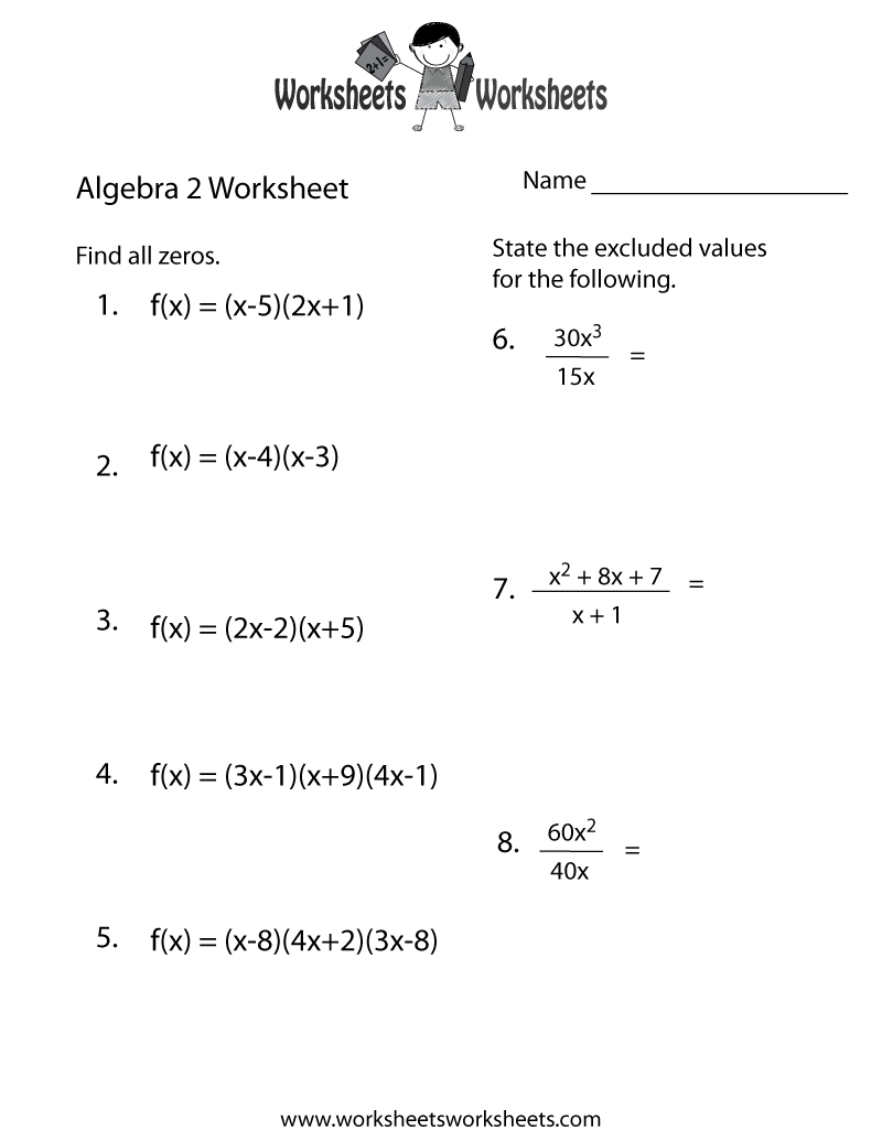 Printable Algebra2 Worksheets And Study Guide