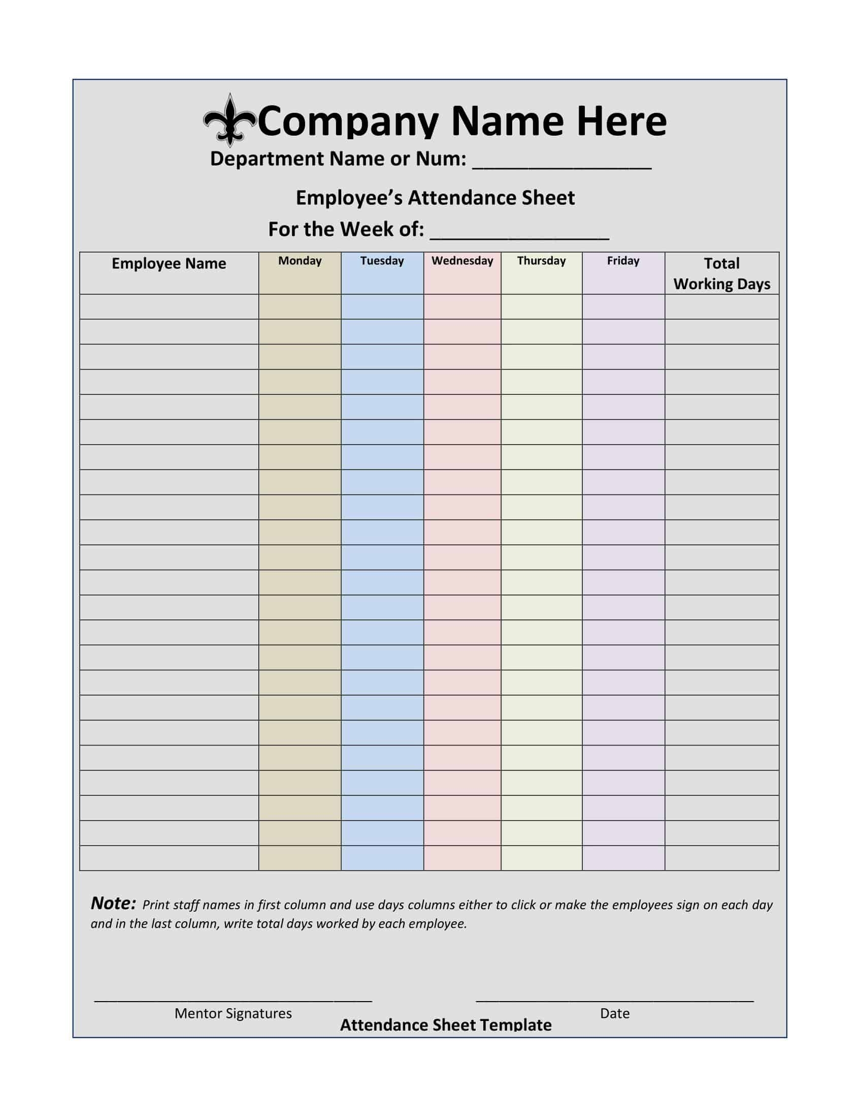 Printable Blank Attendance Sheet 5 Colunms
