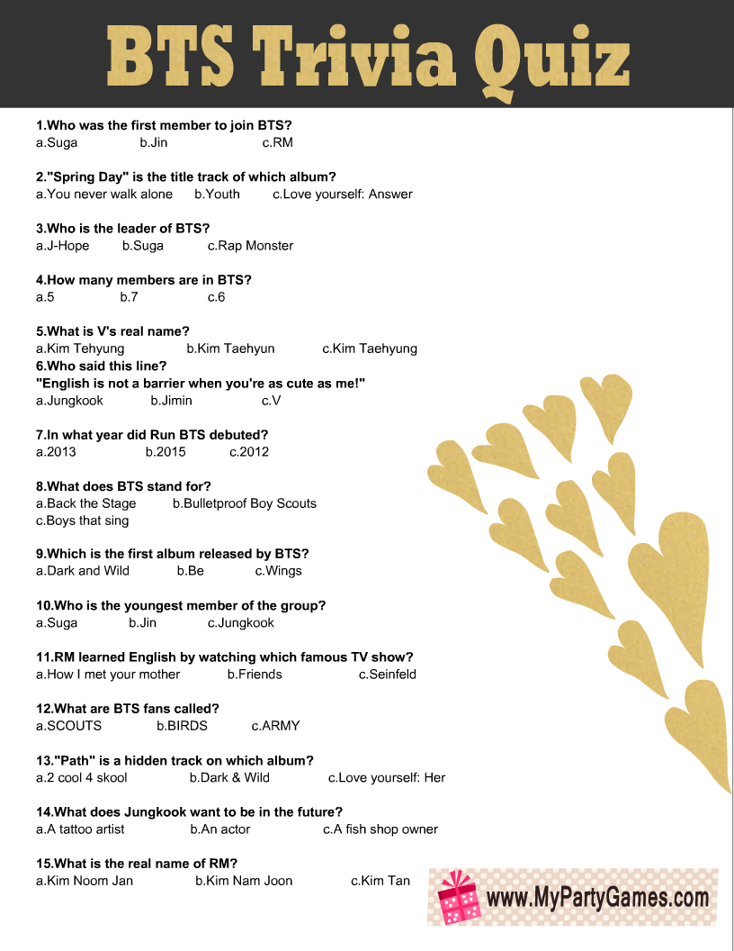 Free Printable BTS Trivia Quiz With Answer Key