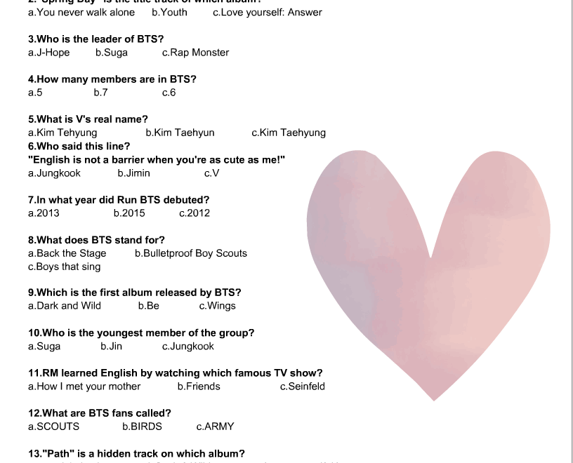 Free Printable BTS Trivia Quiz With Answer Key