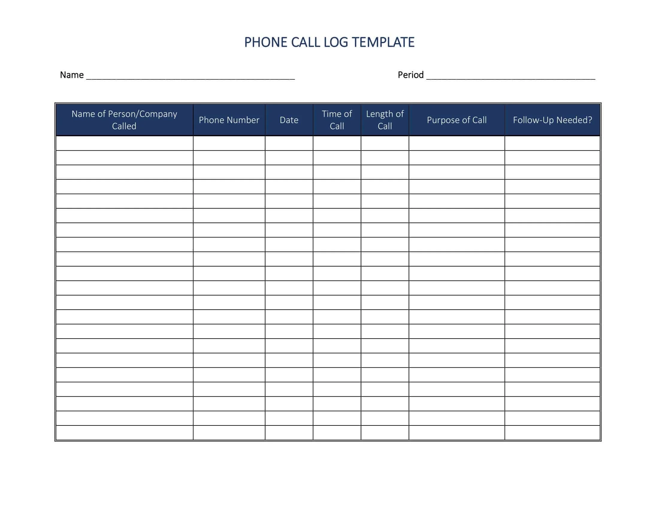 Printable Phone Log Sheet