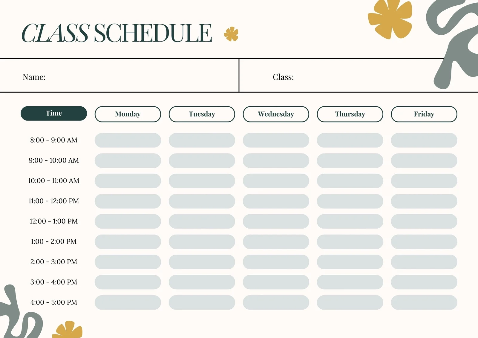 Free Printable Class Specials Schedule Template