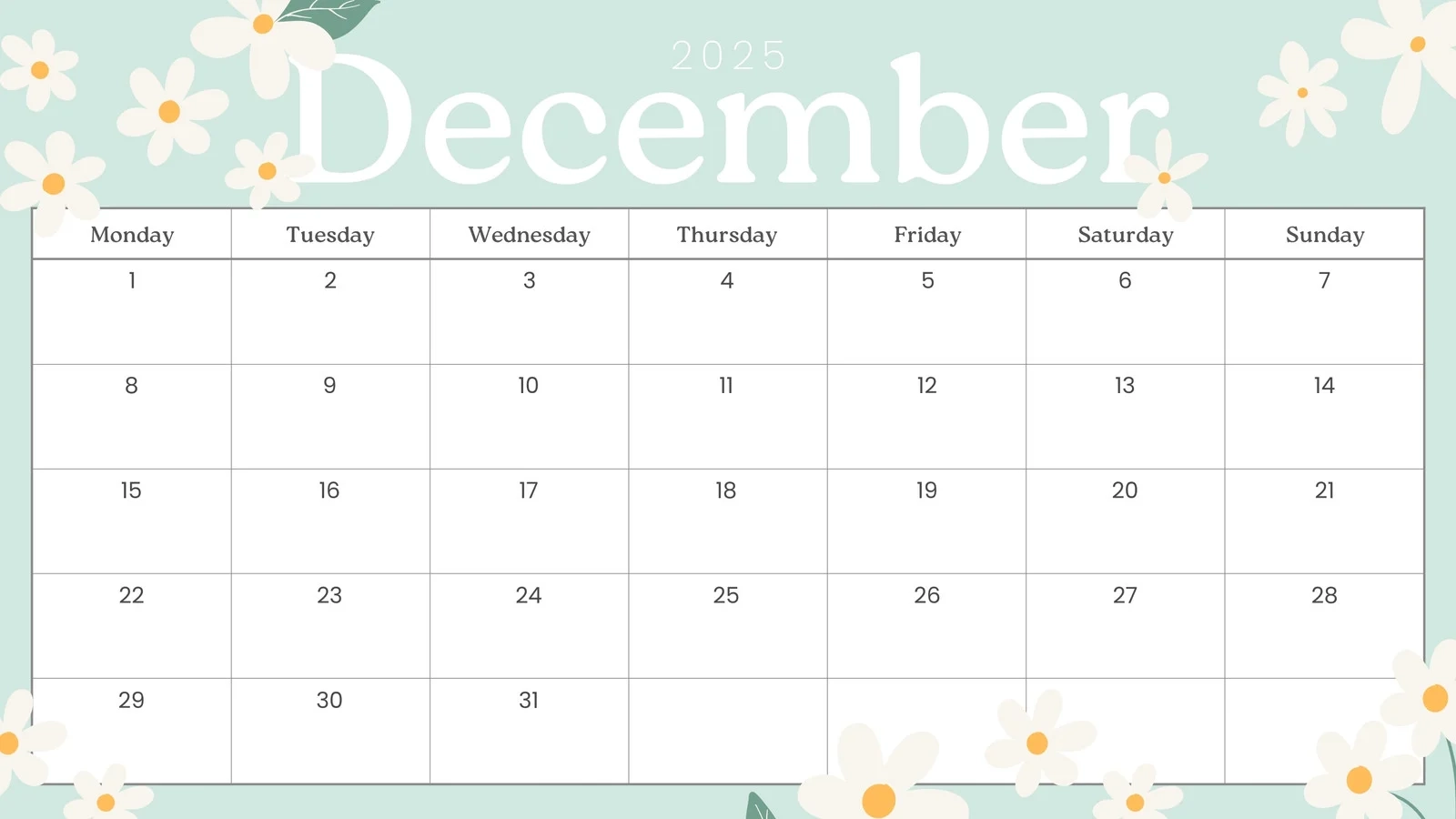 Calendar December Chart Printable